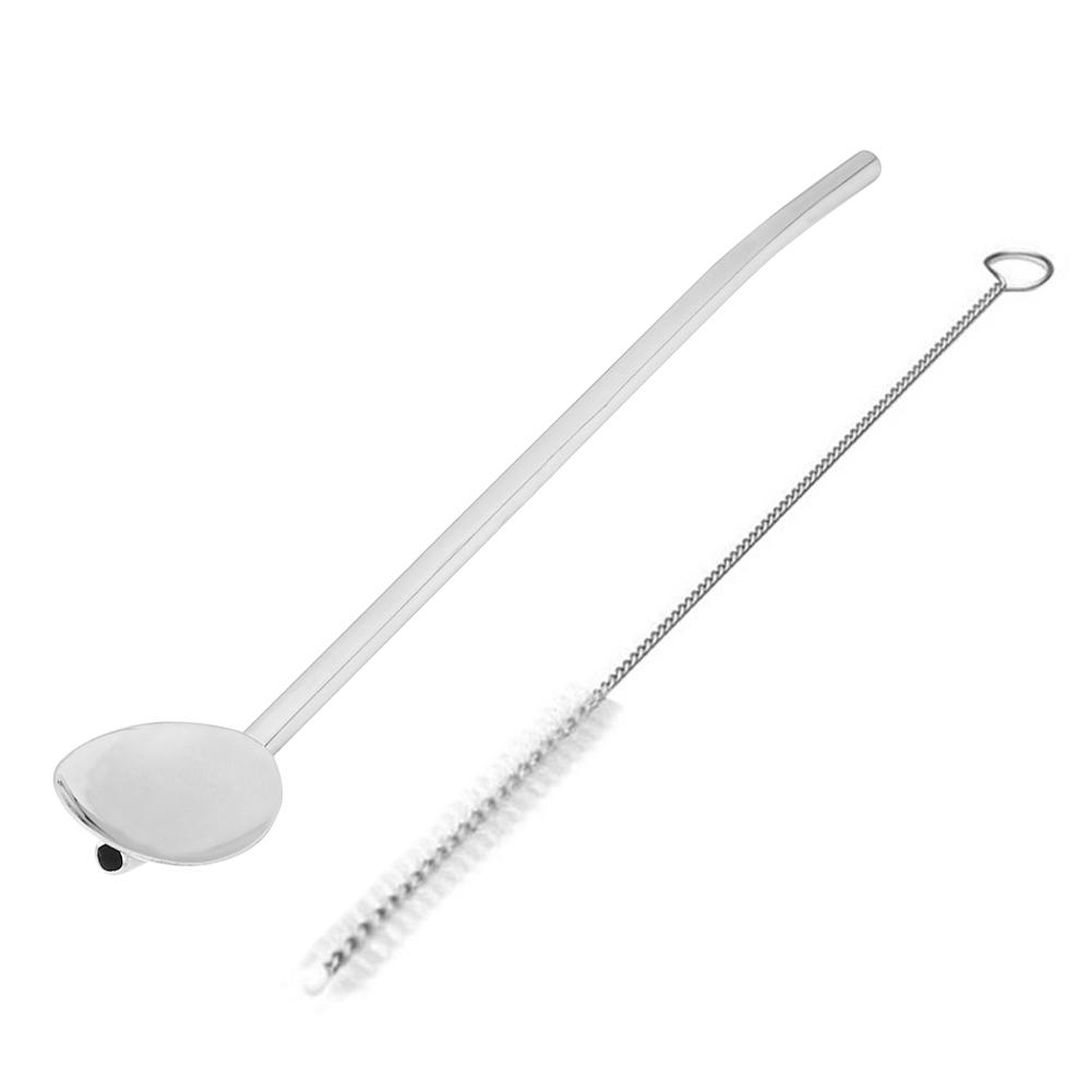 Stainless Steel Bar Drinking Straw Spoon with Cleaning Brush Oval Silver #Z