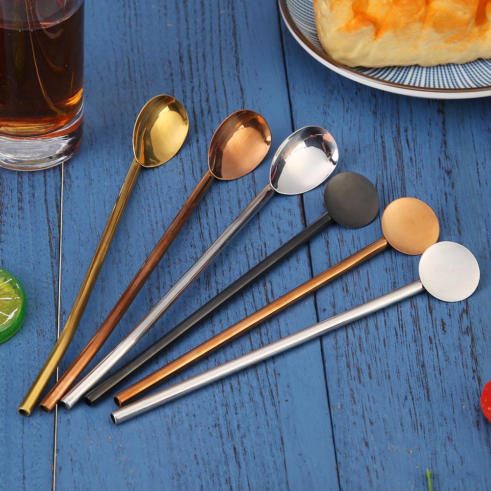 Stainless Steel Bar Drinking Straw Spoon with Cleaning Brush Oval Silver #Z